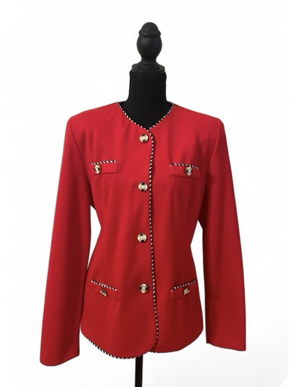 Vintage Red Suit Jacket Blazer, Striped Trim, Retro Dressy Buttons Old Money, 12